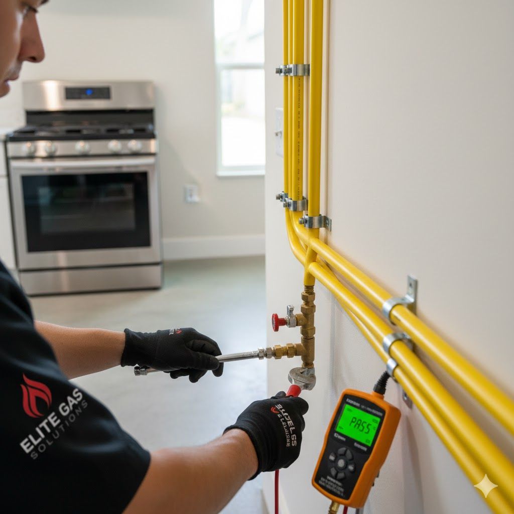 Technician tests gas line with a digital gauge; gas stove in background.