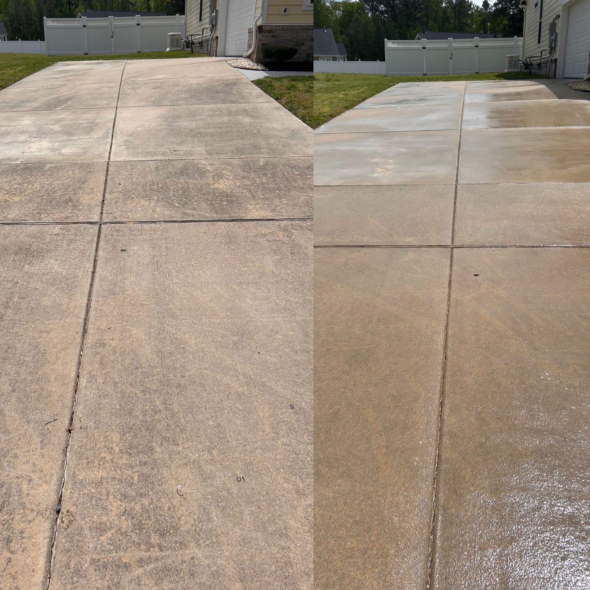 A before and after photo of a concrete driveway