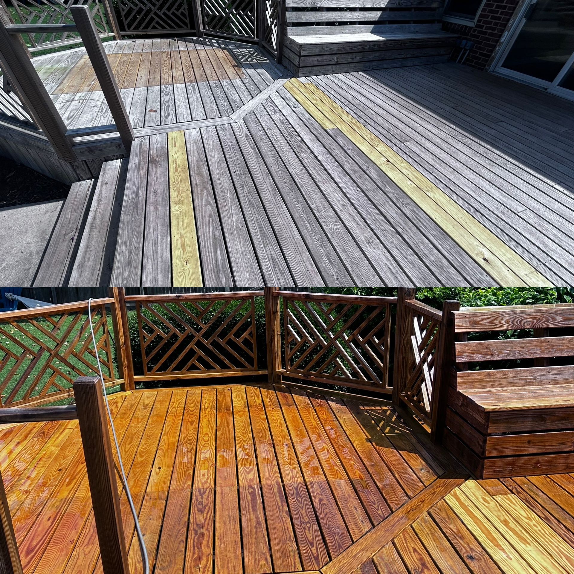 A before and after picture of a wooden deck