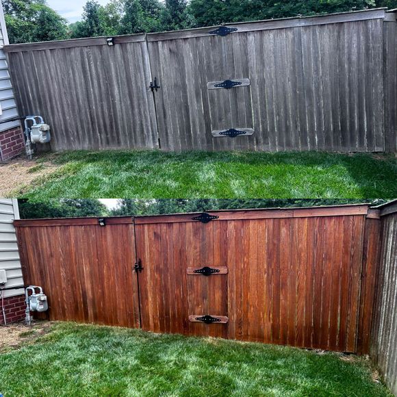 A before and after picture of a wooden fence and a lush green lawn.