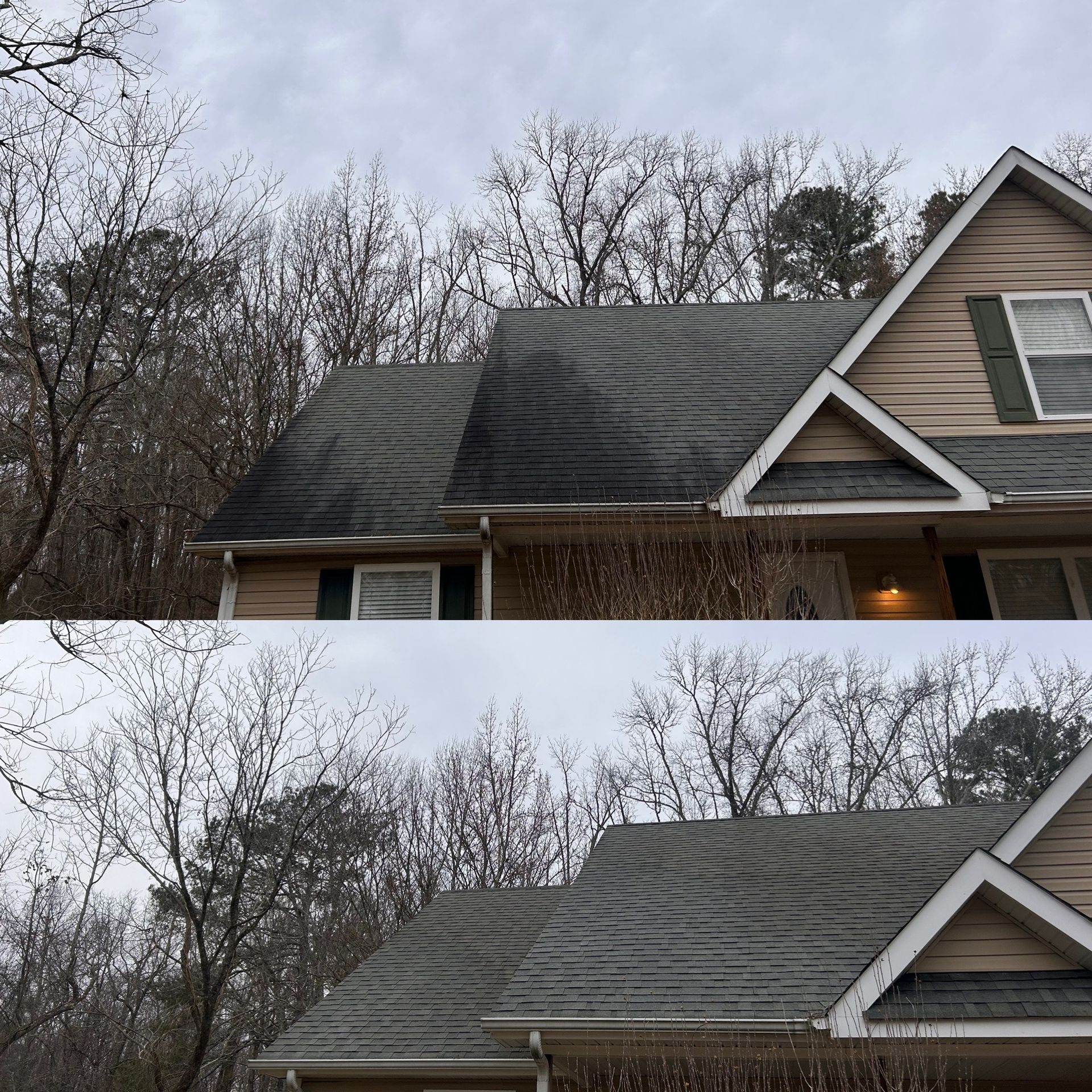 A before and after picture of a house 's roof.