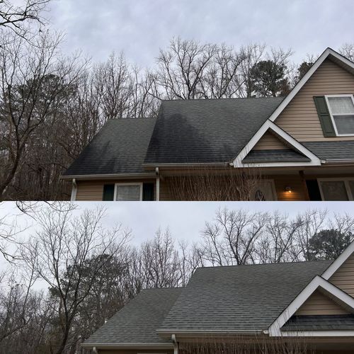 A before and after picture of a house roof