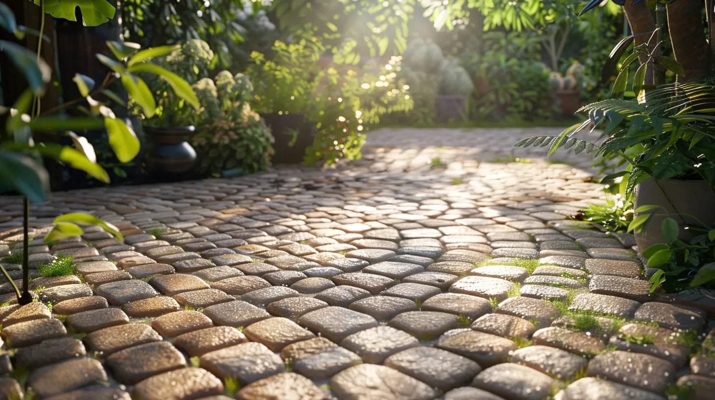 a radiant outdoor patio featuring a variety of paver stones, glistening under the soft sunlight, surrounded by lush greenery, highlighting the impact of climate on material choices and the potential for wear from foot traffic.