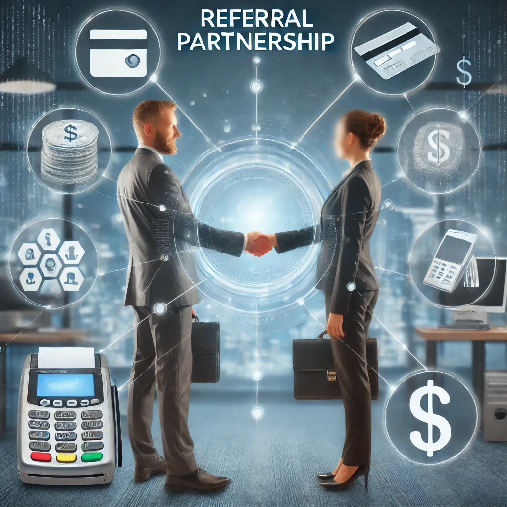 Business professionals shaking hands in an office, surrounded by digital icons representing finance and referral networks.