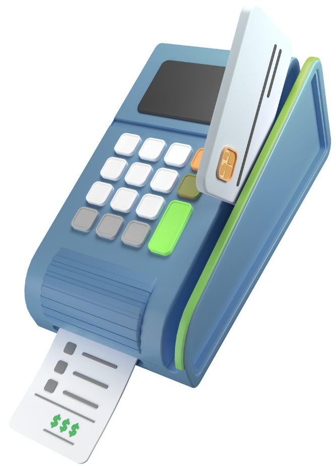 A blue point-of-sale terminal with a card inserted, printing a receipt with a dollar sign symbol.