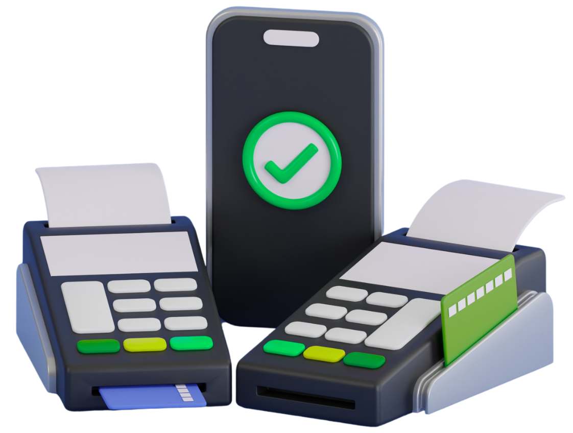 Two card payment terminals and a smartphone displaying a green checkmark indicating a successful transaction.
