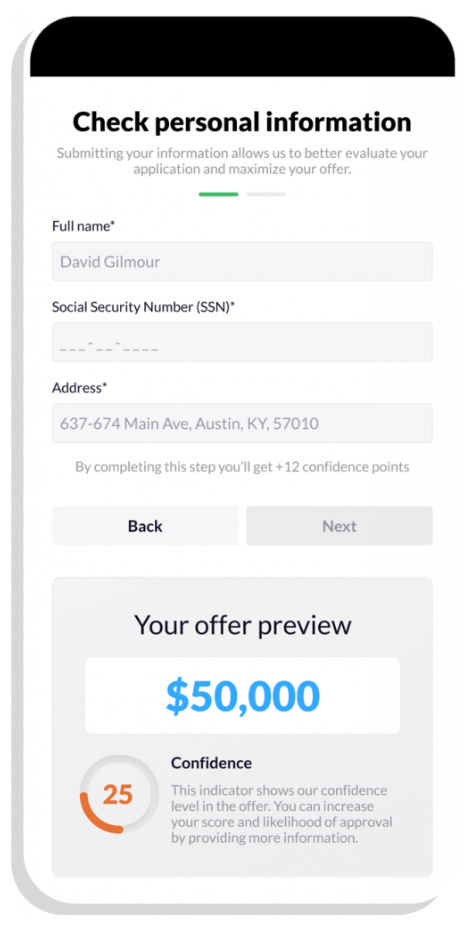 A mobile app screen for entering personal information to receive a loan offer, showing a progress bar and confidence score.