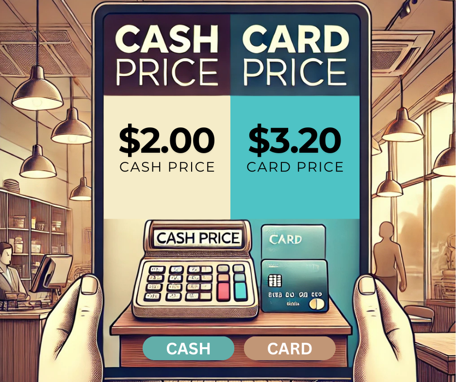 A tablet screen showing a $2.00 cash price and a $3.20 card price, with icons for cash register and credit card below.