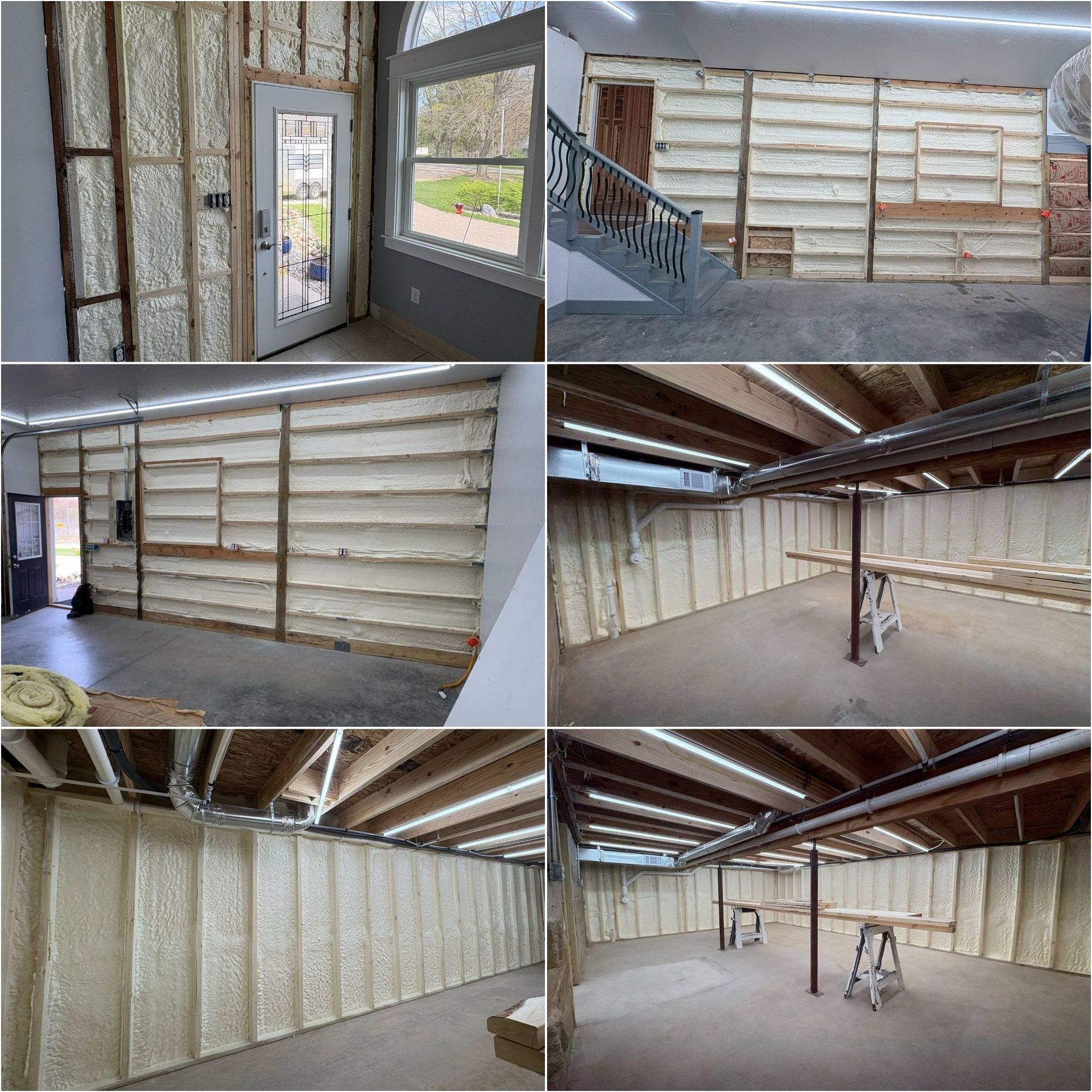 Several interior views of a building with spray foam insulation applied to the walls and ceiling.