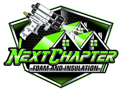Logo for Next Chapter Foam and Insulation, spray gun over houses, green and black colors.