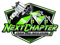 Logo for Next Chapter Foam and Insulation, spray gun over houses, green and black colors.