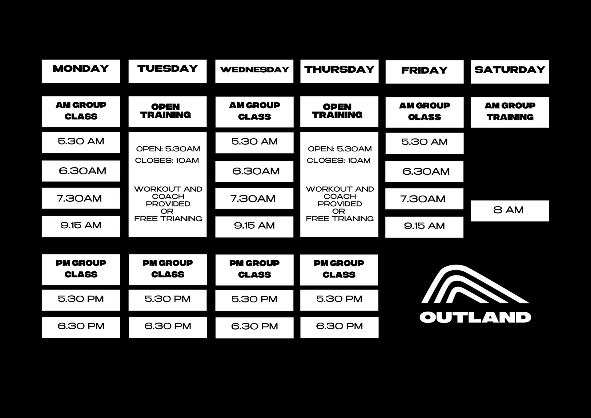 Weekly work schedule chart with black heading boxes and white time slots, plus an Outland logo at bottom right
