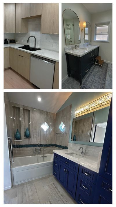 A collage of three pictures of a kitchen , bathroom , and sink.