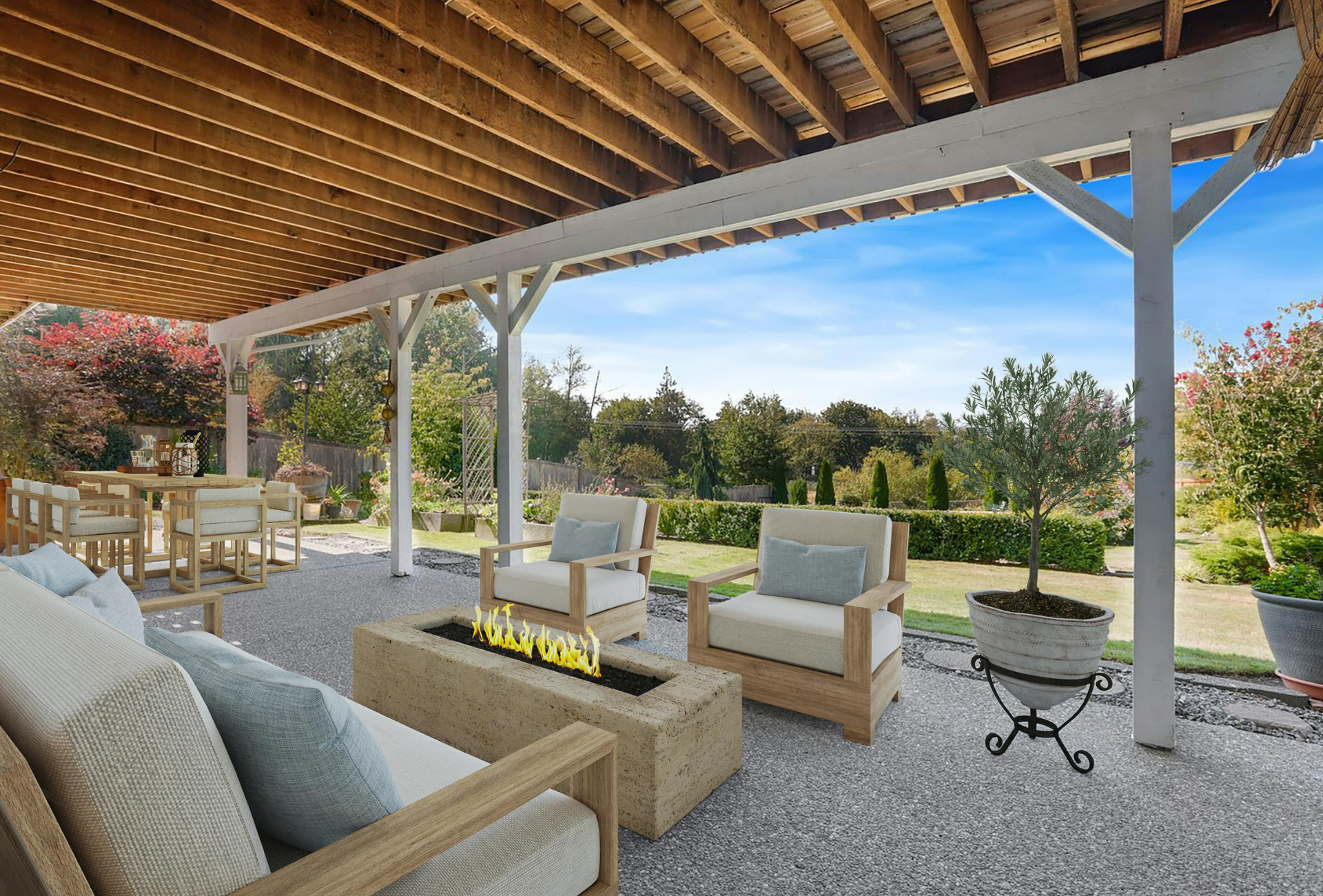 There is a fire pit in the middle of the patio.