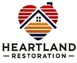 Heart-shaped logo with a house inside. Red, orange, and blue striped heart. "Heartland Restoration" text.