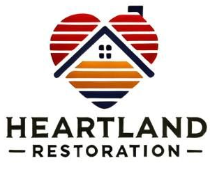 Heart-shaped logo with a house inside. Red, orange, and blue striped heart. "Heartland Restoration" text.