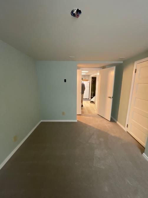 Empty room with green walls, gray carpet, white doors, and a light fixture.