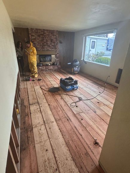 Room with exposed wood floor; fireplace, window, and person in yellow hazmat suit present.