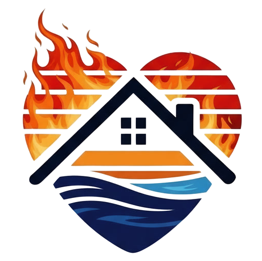 Heart-shaped logo with a house inside. Red, orange, and blue striped heart. "Heartland Restoration" text.