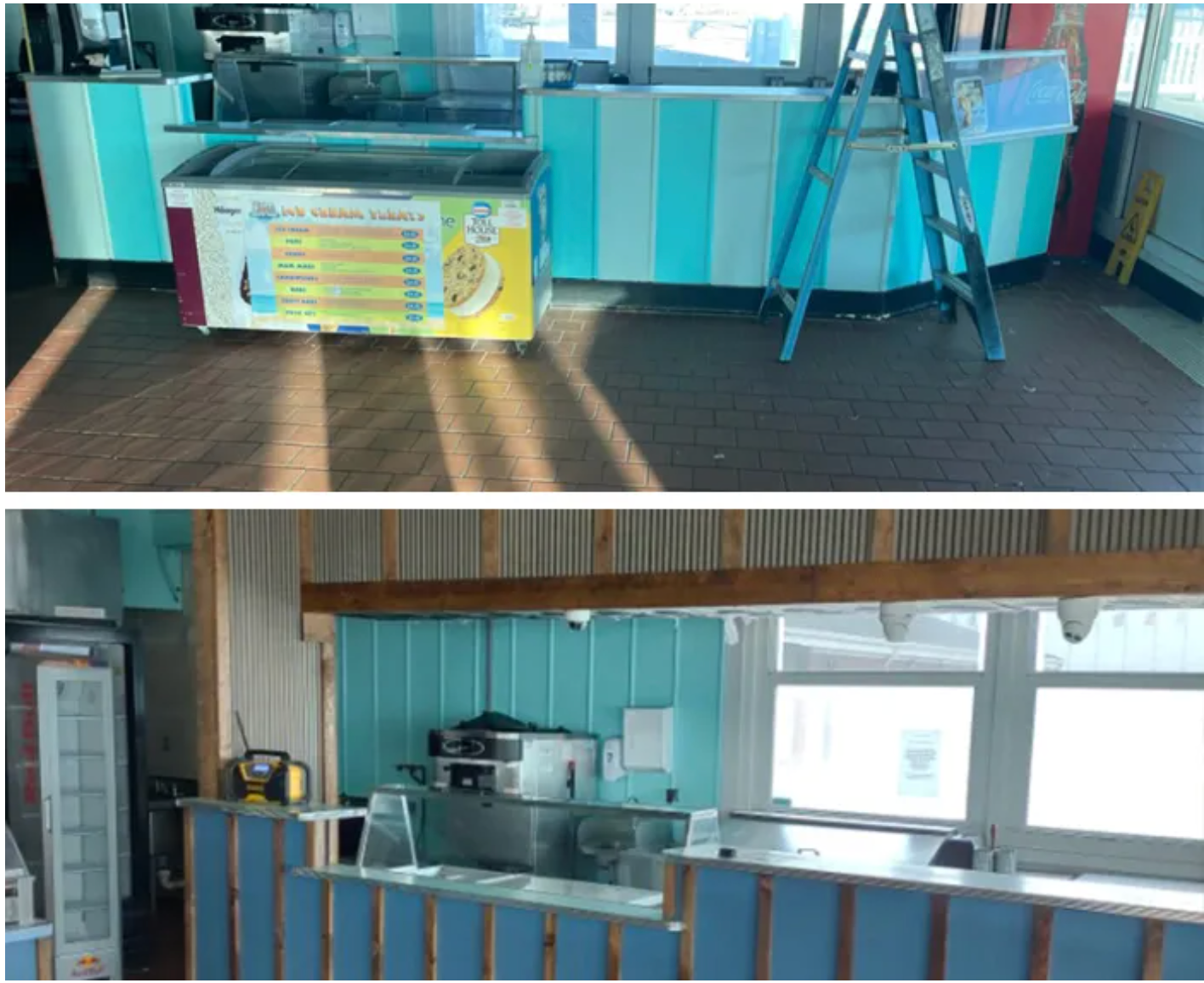 Two views of a restaurant ice cream station with blue and white panels and a ladder.