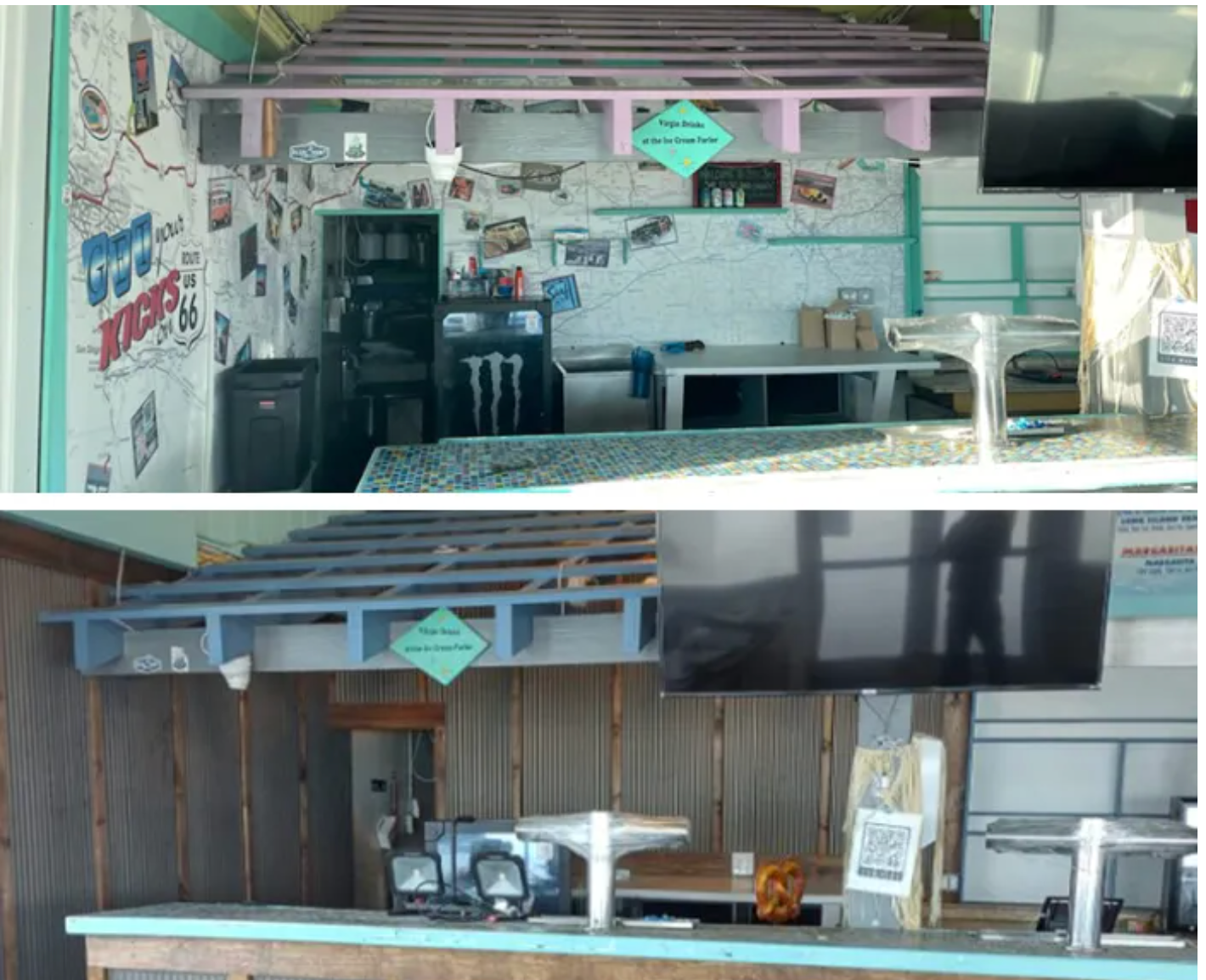 Two views: A diner's interior, top view with wall art, bottom view with corrugated metal, both with counter and equipment.
