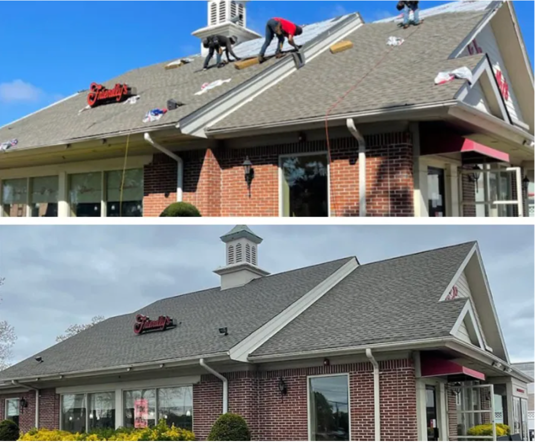 Top: Roofers replacing shingles on a building. Bottom: Finished roof.
