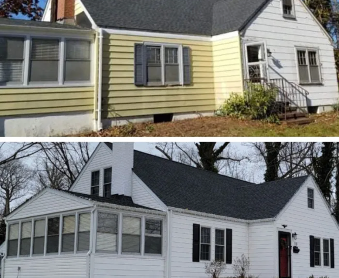Before and after of a house: yellow and white siding, dark roof, shutters. The after is all white with a new roof.