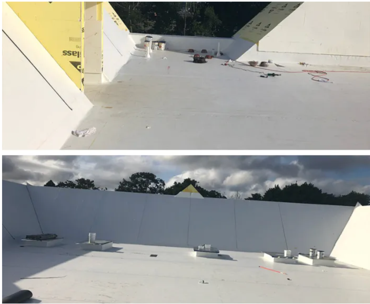 Top: White roofing installation. Bottom: Finished white roof with vent pipes.