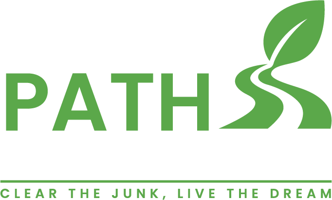Logo: "Clear Path Junk Removal" with a green leaf and winding path on dark blue.