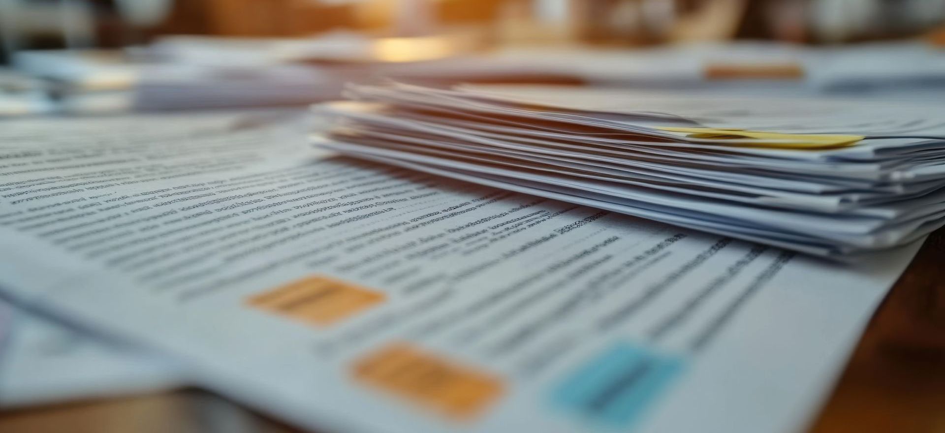 A close up of a stack of papers on a table.
