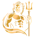 Golden illustration of Poseidon holding a trident.