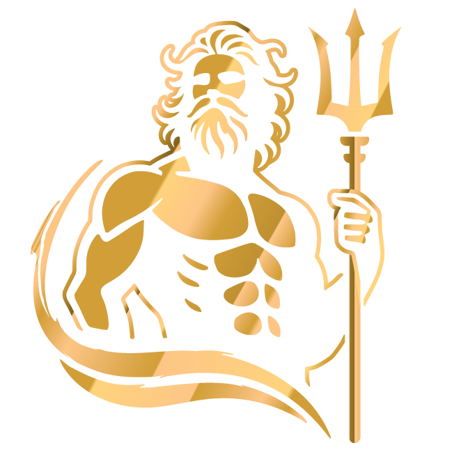 Golden illustration of Poseidon holding a trident.