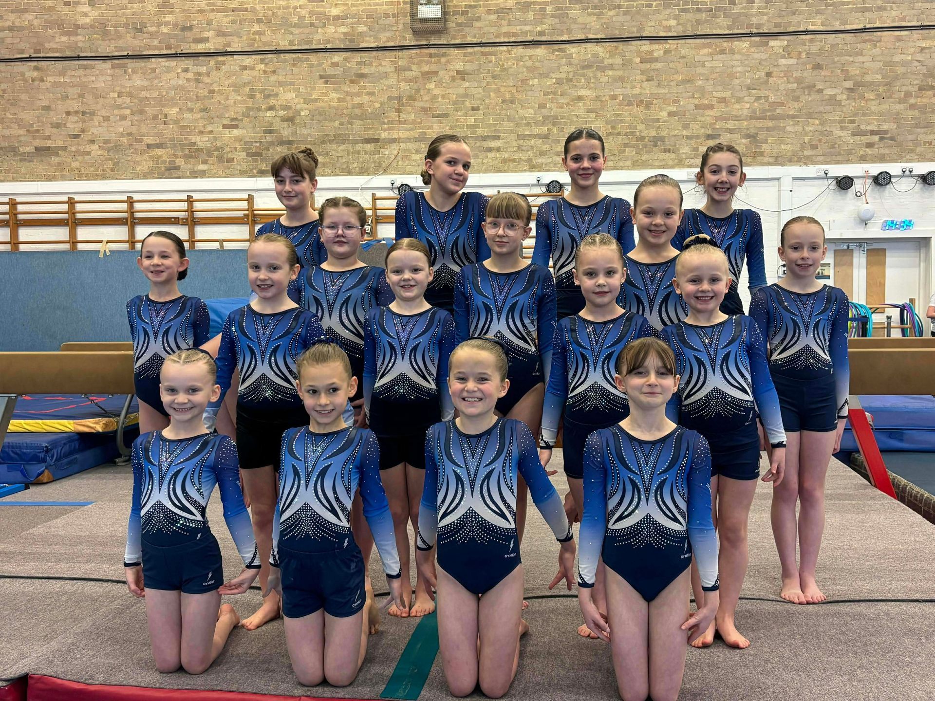 A group of young girls in blue leotards are posing for a picture.