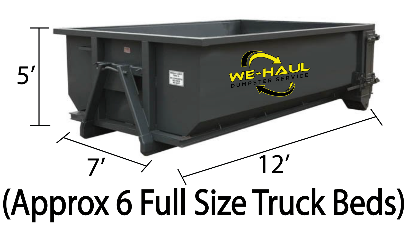 A black dumpster with dimensions and the text 