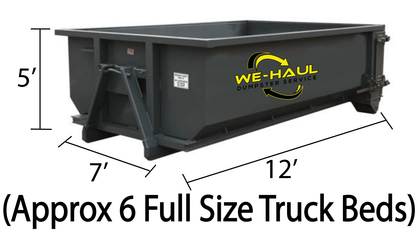 A black dumpster with dimensions and the text 