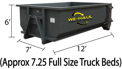 Black dumpster with dimensions: 6' high, 7' wide, and 12' long. Text: 