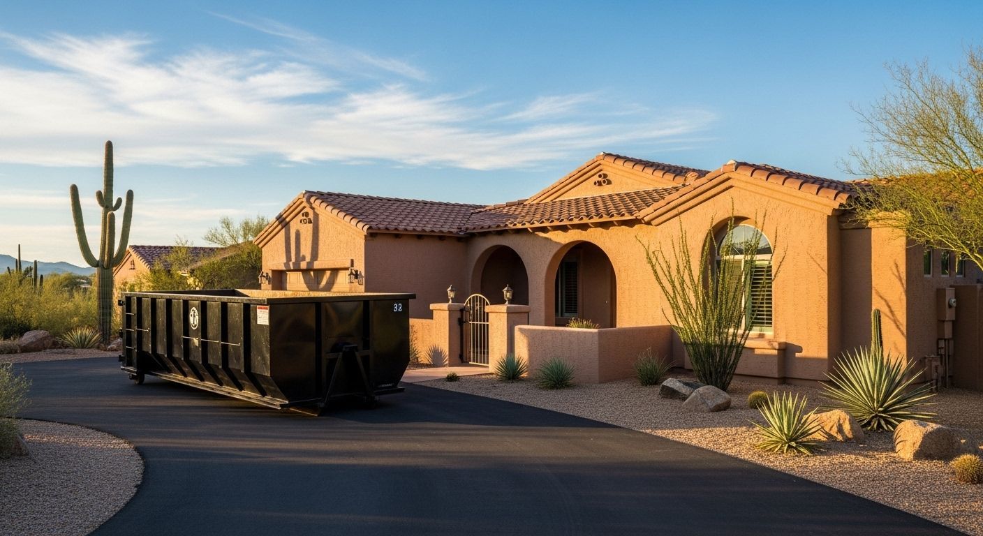 A black dumpster on a driveway in front of a tan stucco house with desert landscaping.