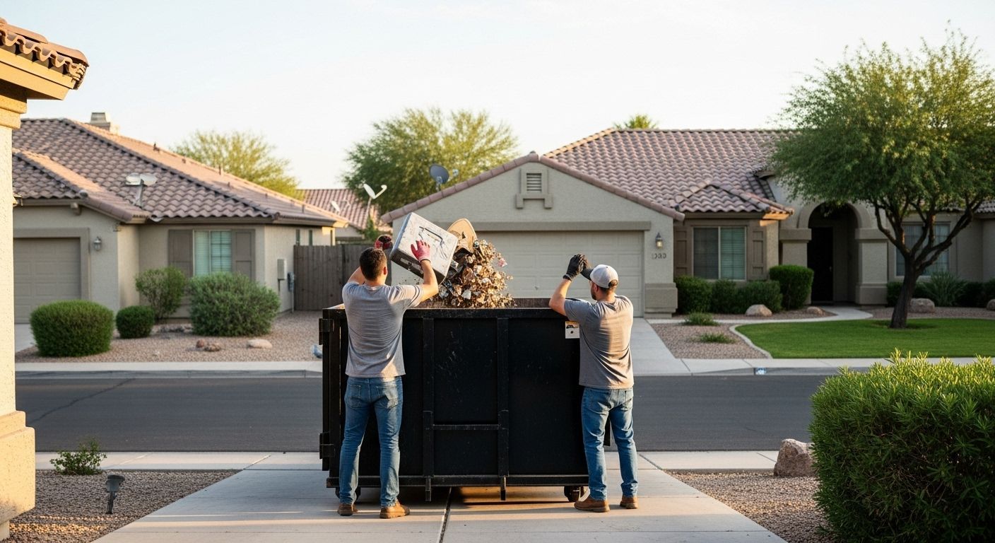 Two men emptying debris from boxes into a dumpster on a residential street.