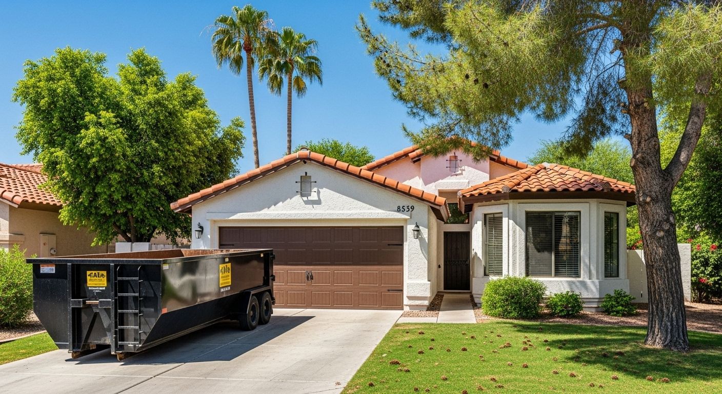 House with dumpster in driveway, brown garage door, clay tile roof, green lawn, sunny day.