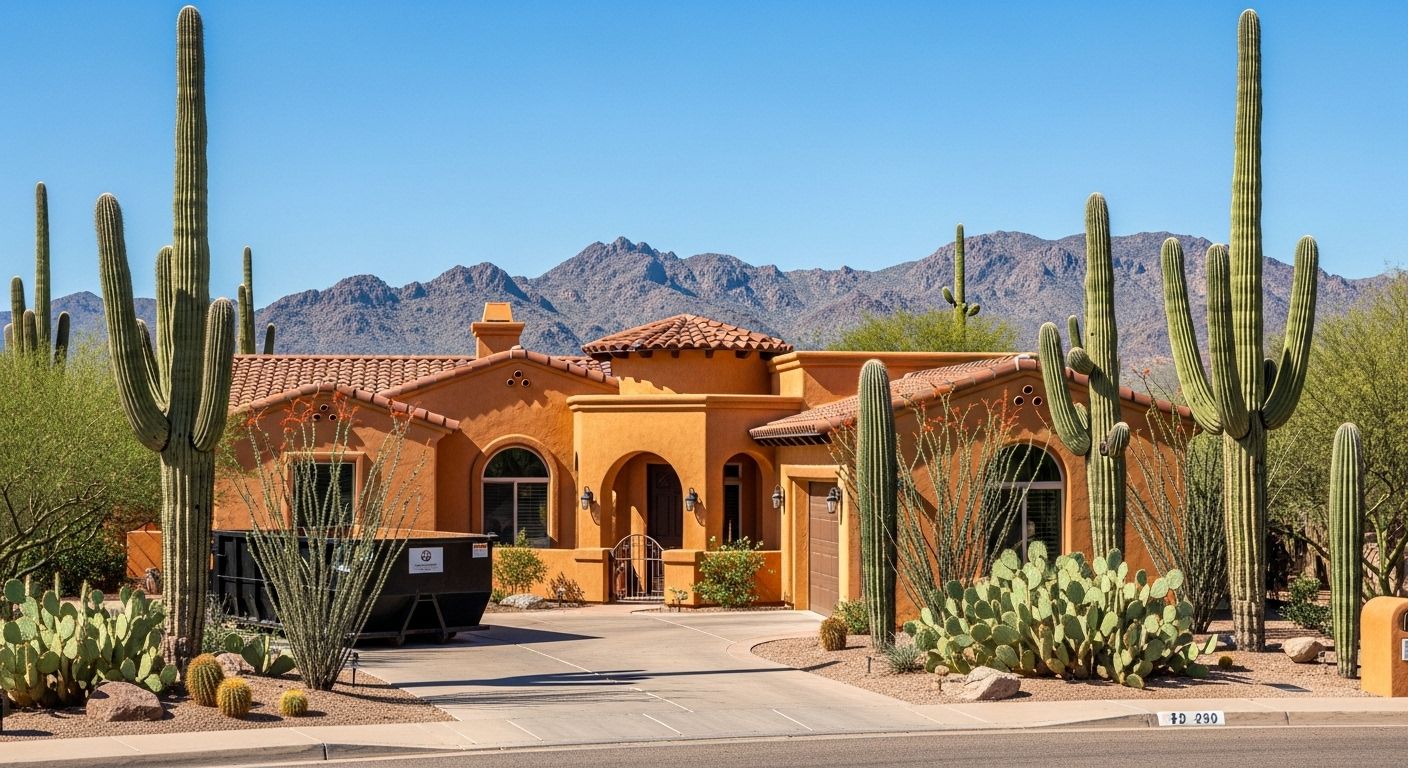 Orange stucco house in the desert with saguaro cacti and mountains in the background.