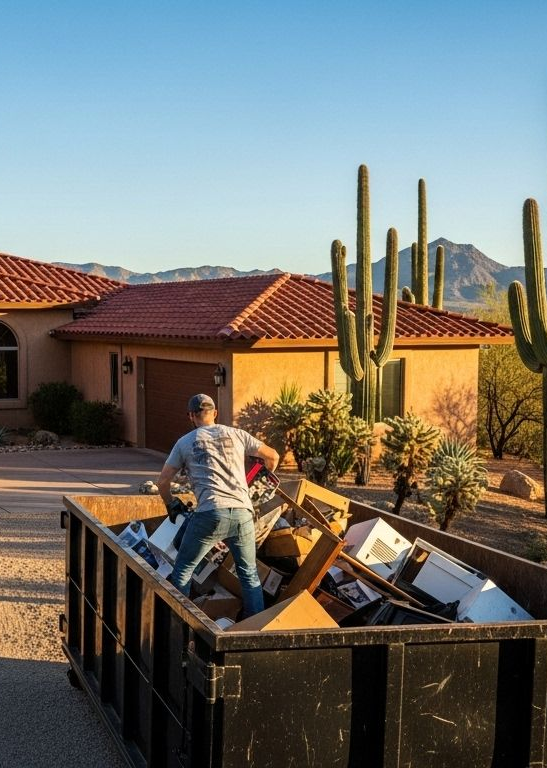 Man loading trash into a dumpster in front of a house with a desert landscape.