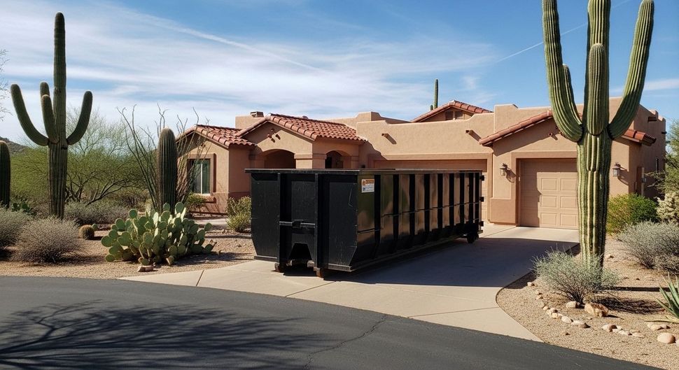 Black dumpster in front of a beige house with a red tile roof, in a desert setting with cacti.