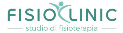 Logo per FisioClinic, studio di fisioterapia. Testo in verde con l'icona di una persona.