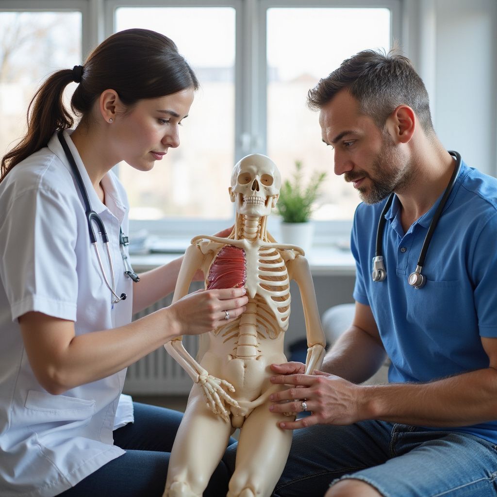 Due persone, entrambe con stetoscopio, esaminano un modello di scheletro umano in una stanza ben illuminata.