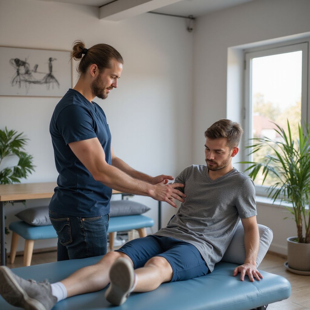 Uomo sottoposto a terapia fisica su un lettino blu da un terapista in una stanza luminosa.