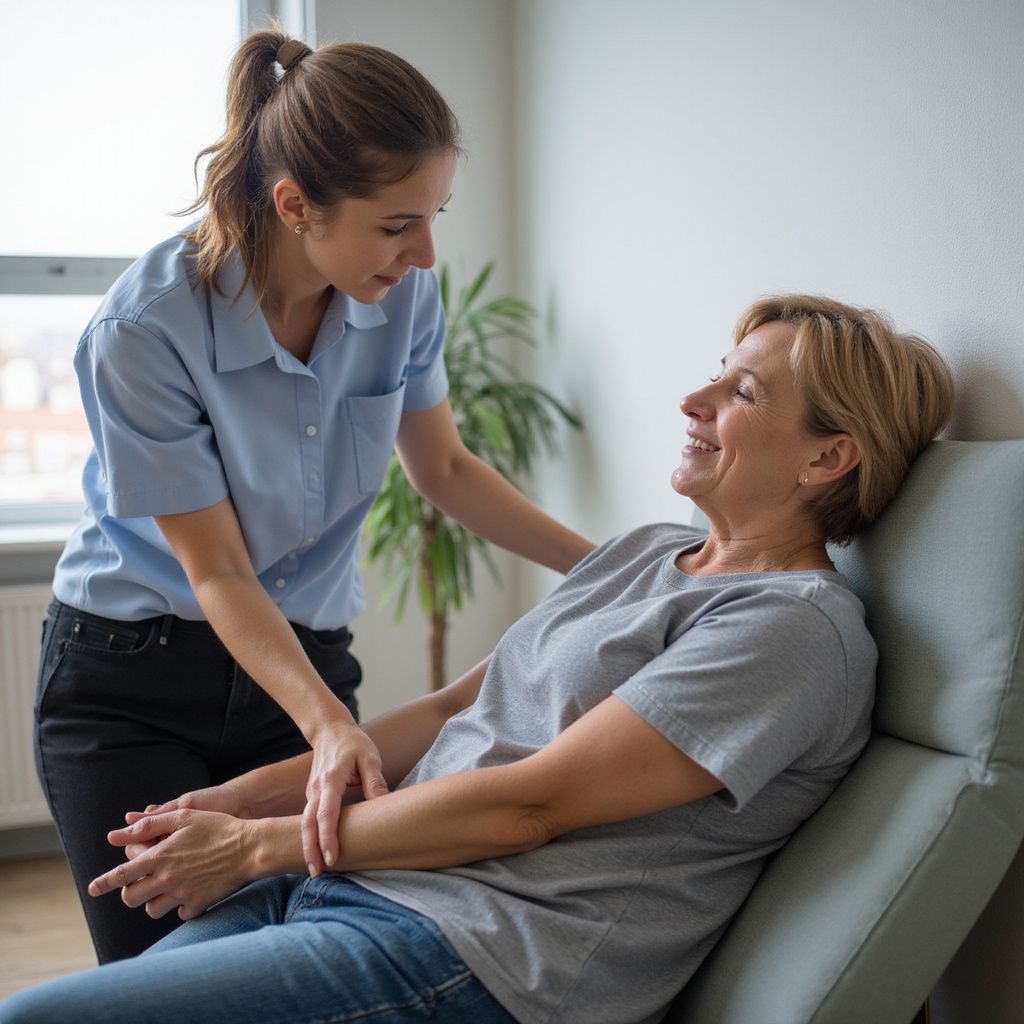 Una donna aiuta un'altra donna seduta su una sedia, entrambe sorridenti. Ambiente interno con una pianta.