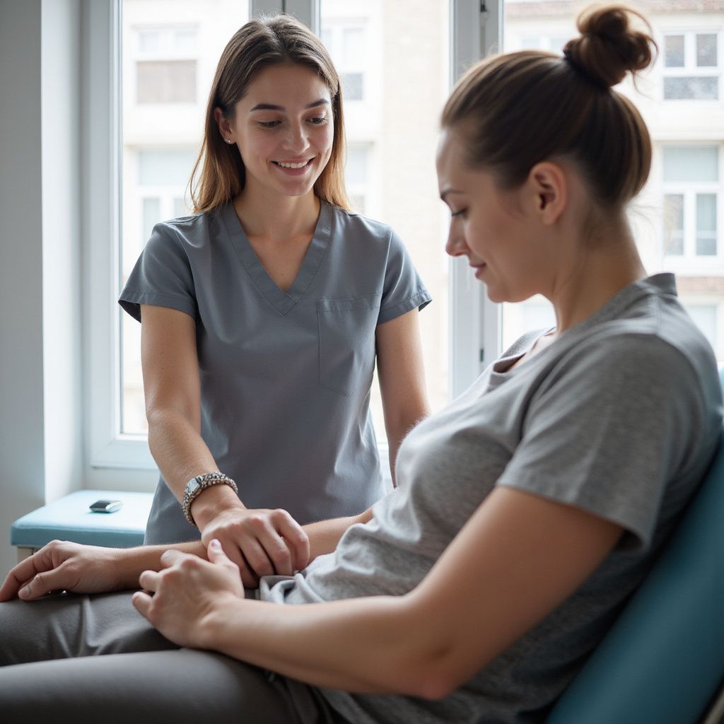 Un'infermiera in camice grigio esamina il braccio di un paziente, sorridendo, in un ambiente medico.