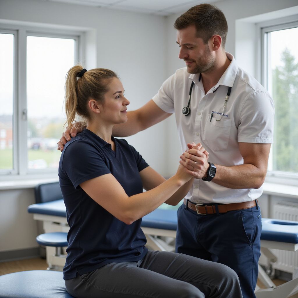 Il medico aiuta il paziente a fare esercizi per le braccia in un ambiente clinico.