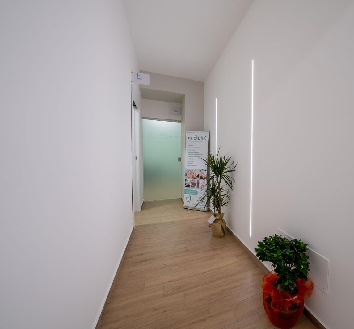 Corridoio stretto con pavimento in legno chiaro, pareti bianche e una pianta in un vaso rosso.