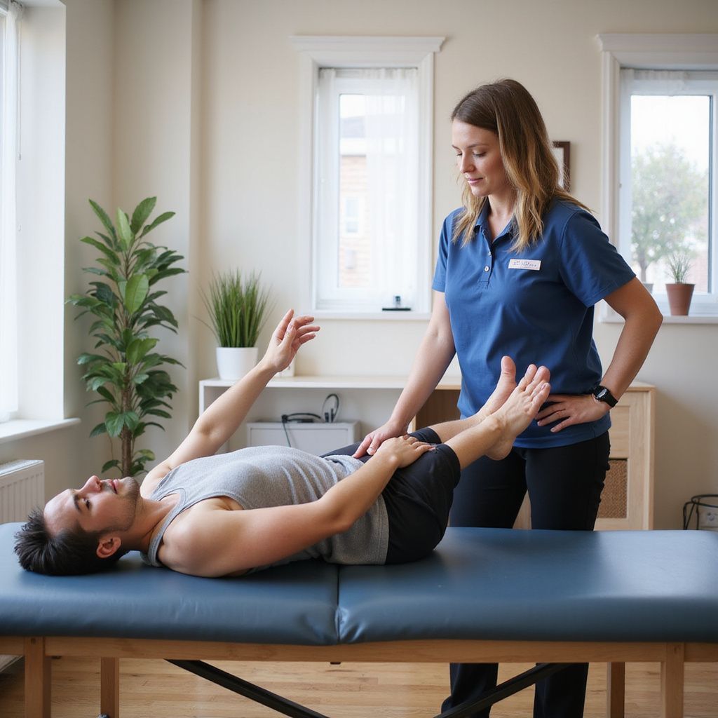 Uomo su un lettino per trattamenti, gambe sollevate, assistito da un terapista. Interno, luce naturale.
